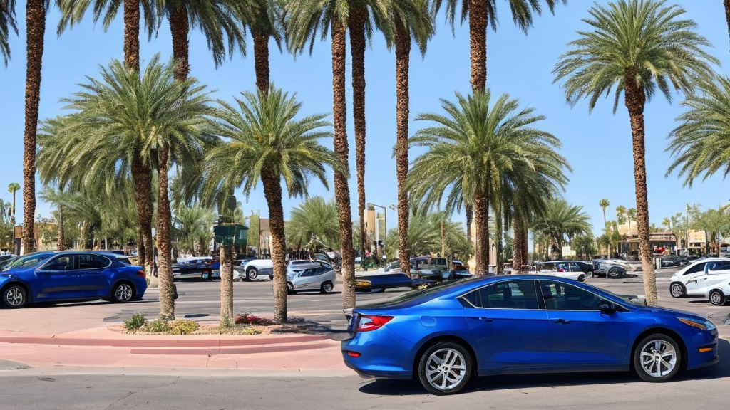 A high-resolution image showcasing the bustling streets of Mesa, Arizona, with a focus on a parked car in pristine condition.