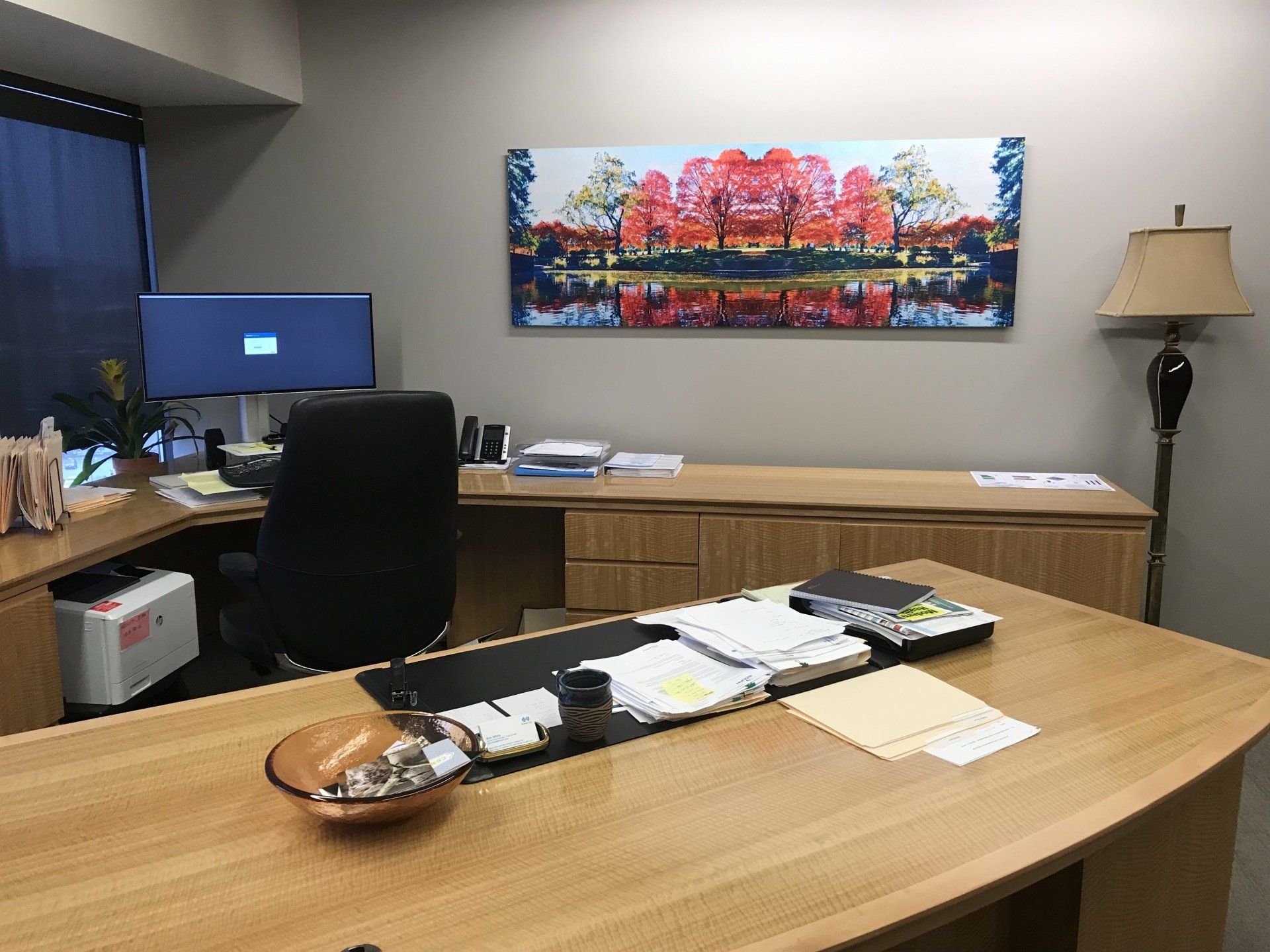 There is a large painting on the wall above the desk in the office.