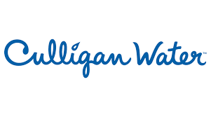 The culligan water logo is blue and white on a white background.