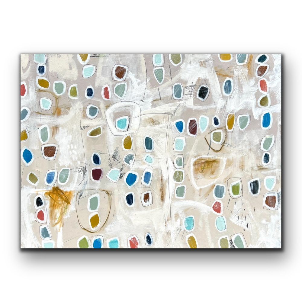 A colorful abstract painting on a white background.