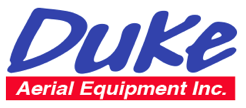 The logo for duke aerial equipment inc. is blue and red
