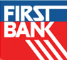 The first bank logo is red , white , and blue.