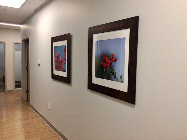 Two framed pictures are hanging on a wall in a hallway.