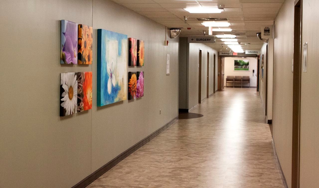 A long hallway with paintings on the wall