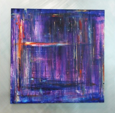 A purple and blue abstract painting is hanging on a wall