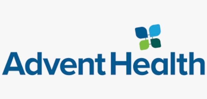 The logo for advent health is blue and green with a flower in the middle.