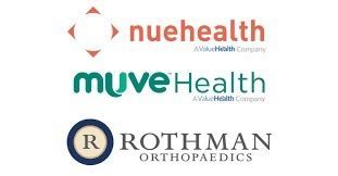 Three logos for nuehealth , muve health , and rothman orthopaedics