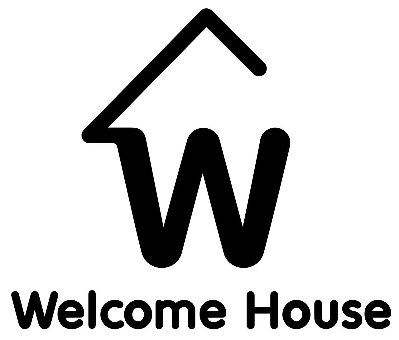 A black and white logo for a company called welcome house.