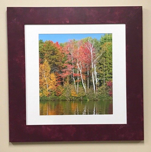 A framed picture of a lake with trees in the background