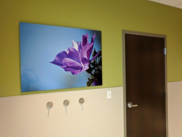 A picture of a purple flower hangs above a door