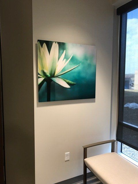 A painting of a flower hangs on a wall next to a window