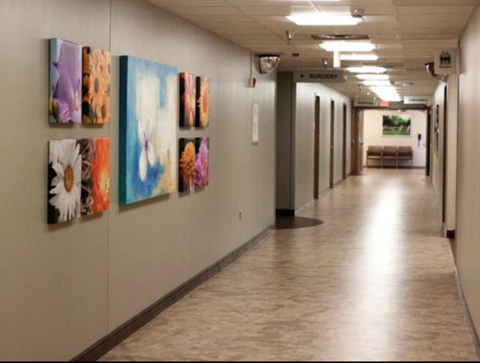 A long hallway with paintings on the wall