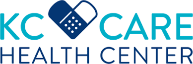 The kc care health center logo has a bandage in the shape of a heart.