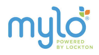 A blue and green logo for mylo powered by lockton
