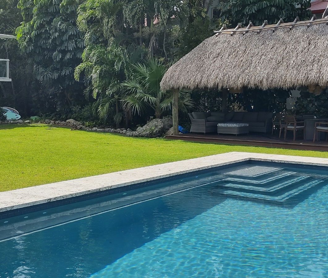 A large swimming pool with a thatched roof in the backyard.