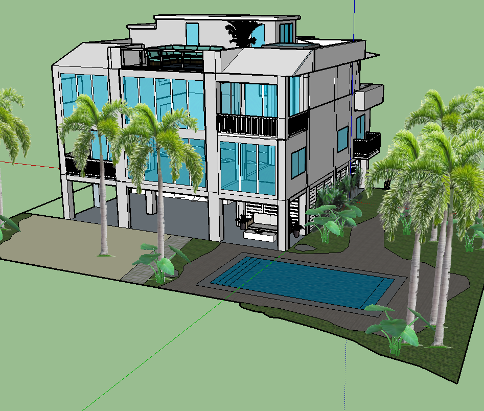 A 3d model of a house with a pool and palm trees