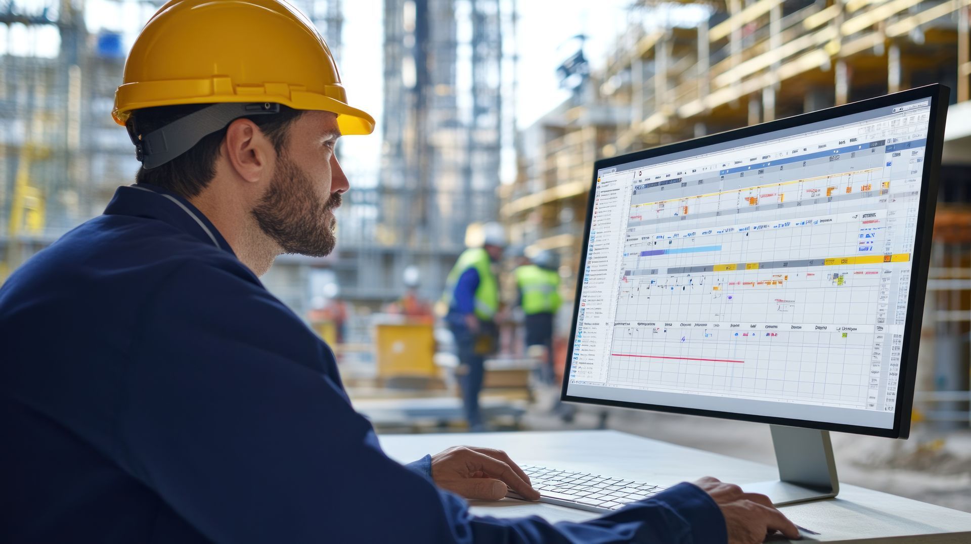 A man wearing a hard hat is using a computer at a construction site.
