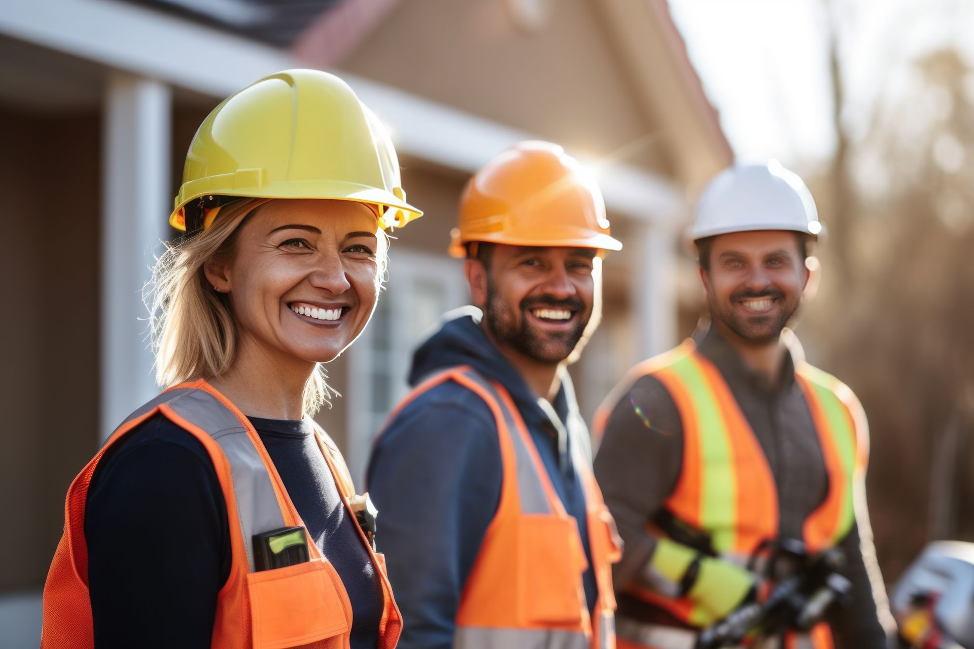 A group of construction workers wearing hard hats and safety vests are smiling.