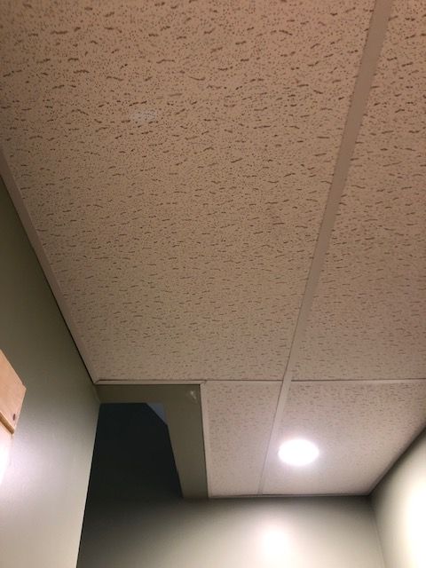 A ceiling with textured off-white acoustic panels, one recessed light fixture, and an unfinished gap in the corner.