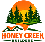 Logo for Honey Creek Builders: A sunset over pine trees and a creek, with a house roof icon above the orange text.