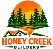 Logo for Honey Creek Builders: A sunset over pine trees and a creek, with a house roof icon above the orange text.