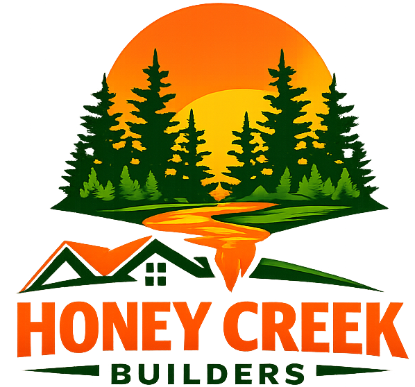 Logo for Honey Creek Builders: A sunset over pine trees and a creek, with a house roof icon above the orange text.