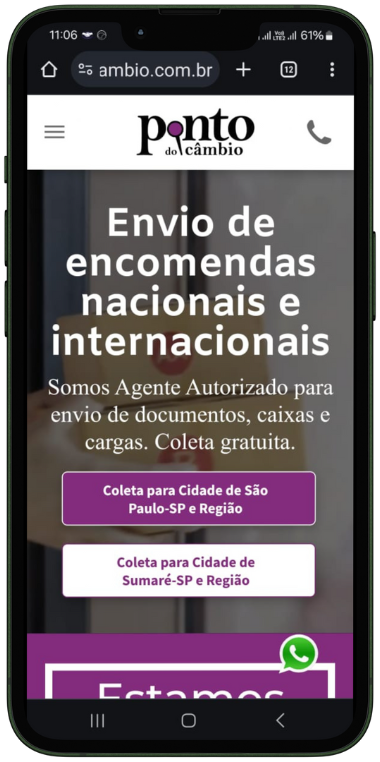 a phone with a website open on it that says envio de encomendas nacionais e internacionais