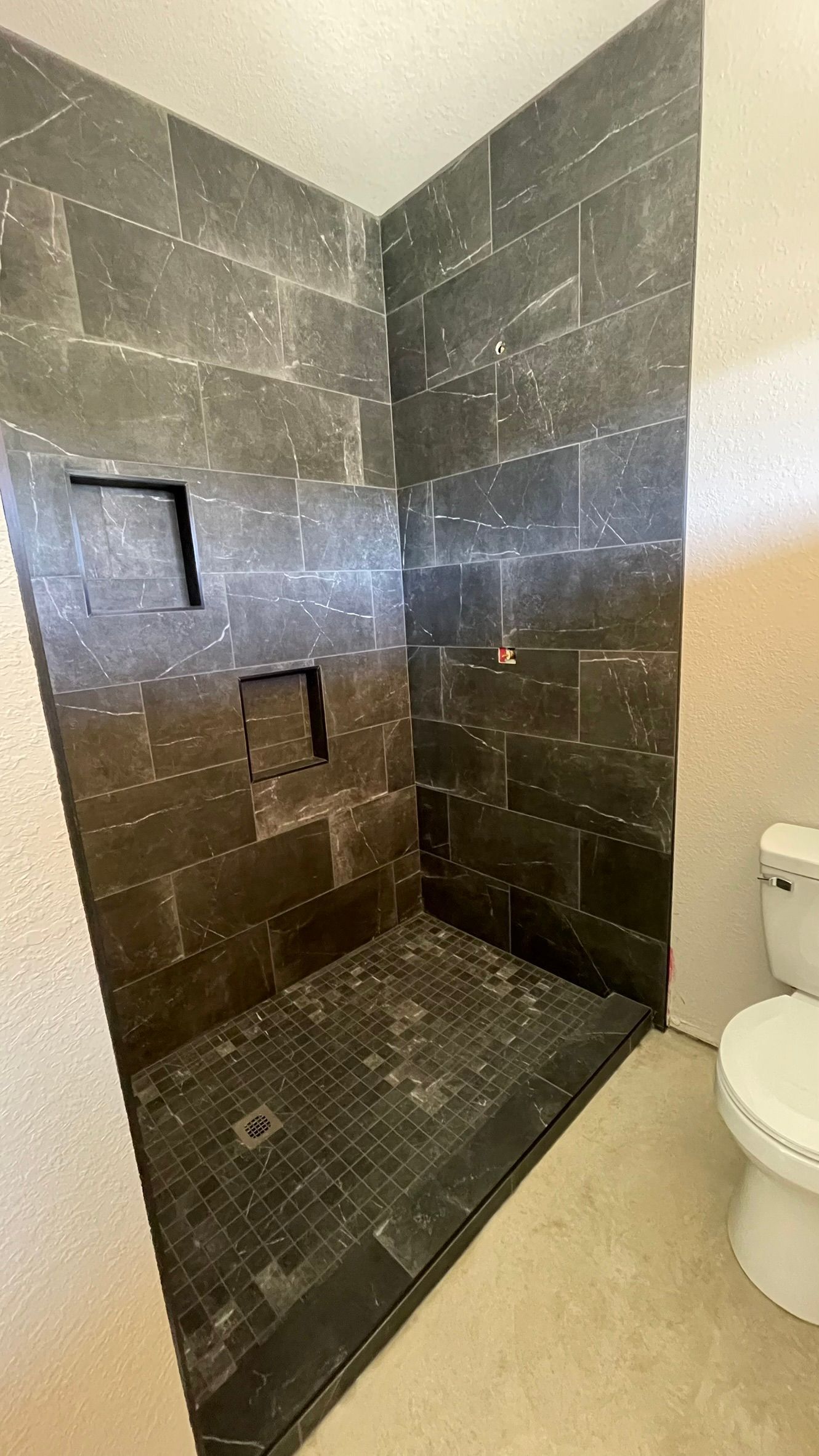 A bathroom with a walk in shower and a toilet.