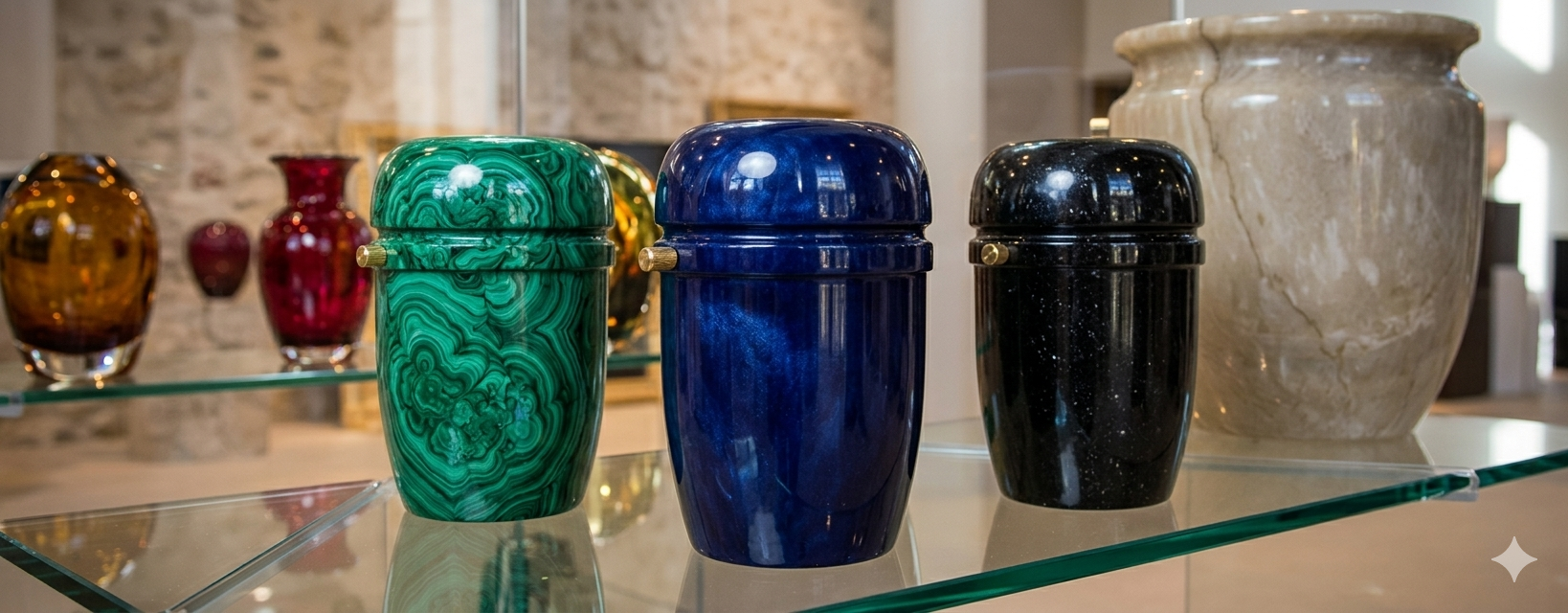Vasi di vari colori e texture esposti su scaffali di vetro, in un negozio.