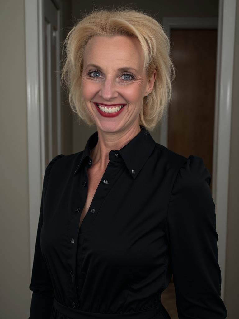 A woman in a black shirt is smiling and standing in a hallway.