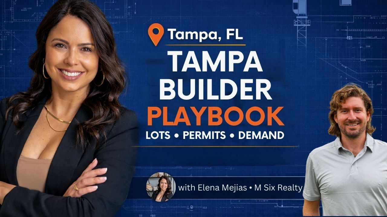 Promotional graphic for Tampa Builder Playbook. Features a woman and man, with text overlay: 