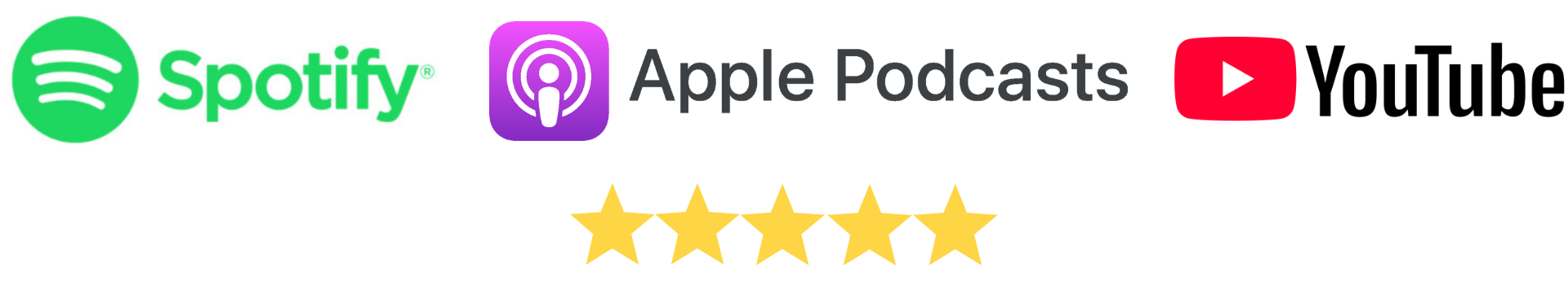 Spotify, Apple Podcasts, YouTube icons with five stars.