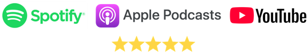 Spotify, Apple Podcasts, YouTube icons with five stars.