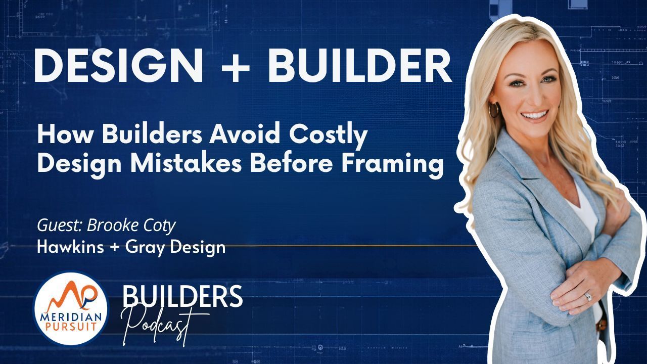 Blue promo banner for “DESIGN + BUILDER” with smiling woman and text about avoiding costly design mistakes before framing