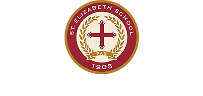 The logo for st. elizabeth school is a red circle with a cross and laurel wreath.