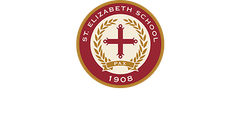 The logo for st. elizabeth school is a red circle with a cross and laurel wreath.