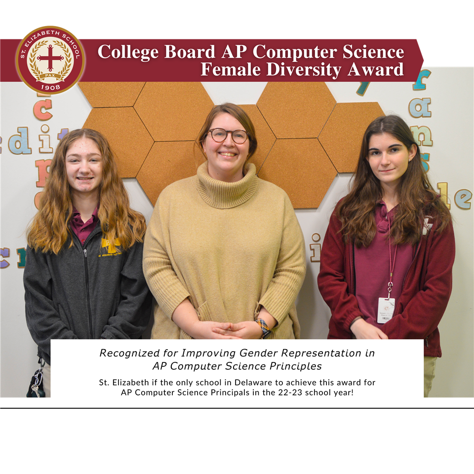 Three women are standing next to each other in front of a sign that says college board ap computer science female diversity award