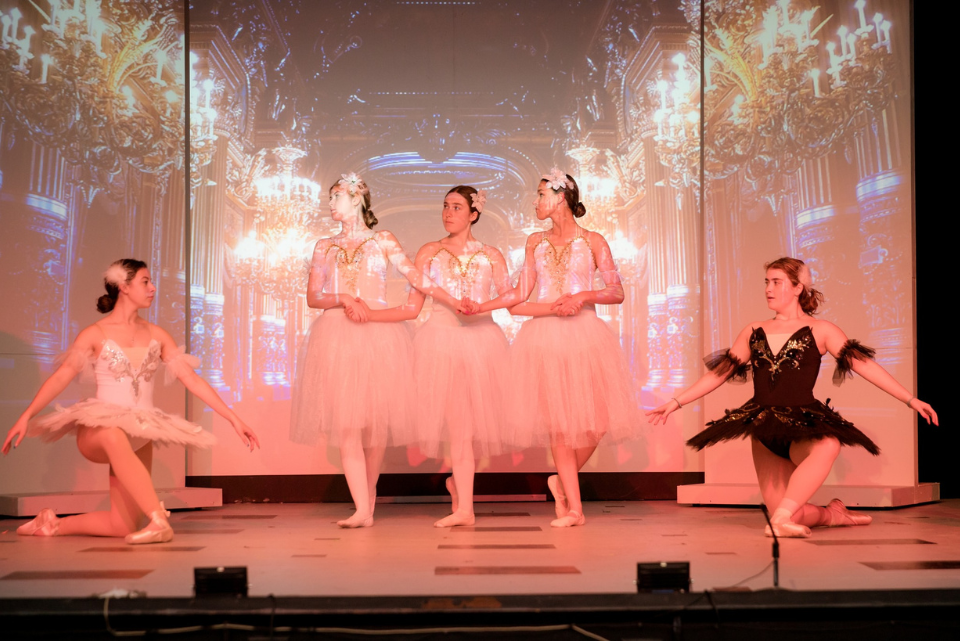A group of ballerinas are dancing on a stage.
