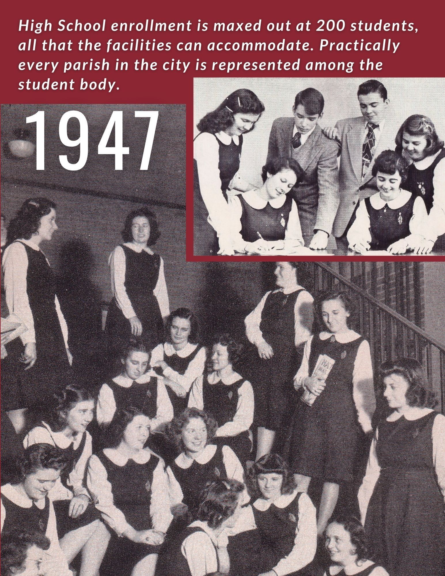 A black and white photo of a group of students from 1947