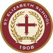 The logo for st. elizabeth school has a cross and laurel wreath.