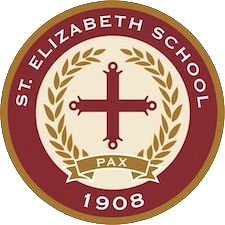 The logo for st. elizabeth school has a cross and laurel wreath.