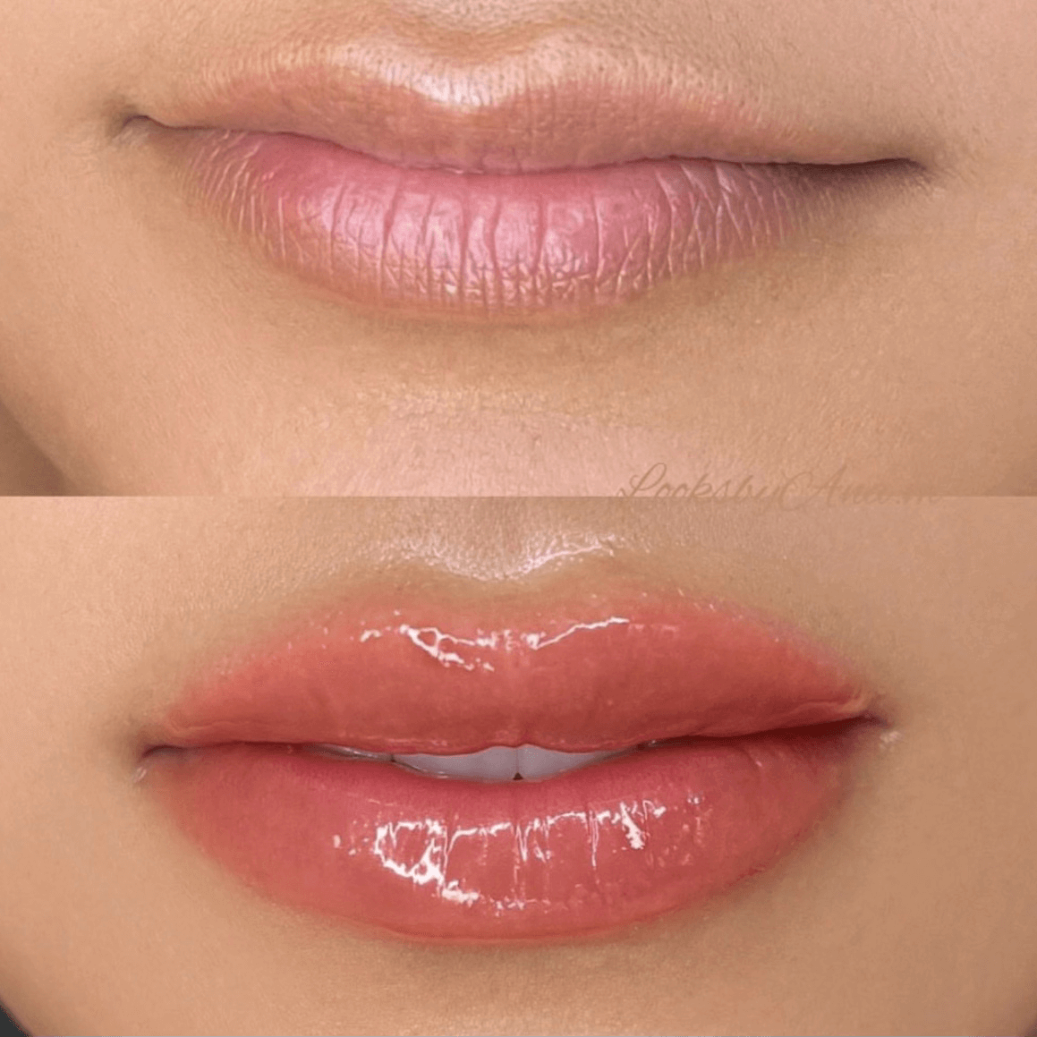Up close before and after of women's lips after lip blushing