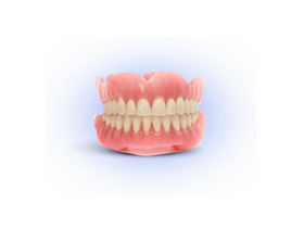 A close up of a denture with white teeth on a blue background.