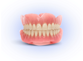 A close up of a denture with white teeth on a blue background.