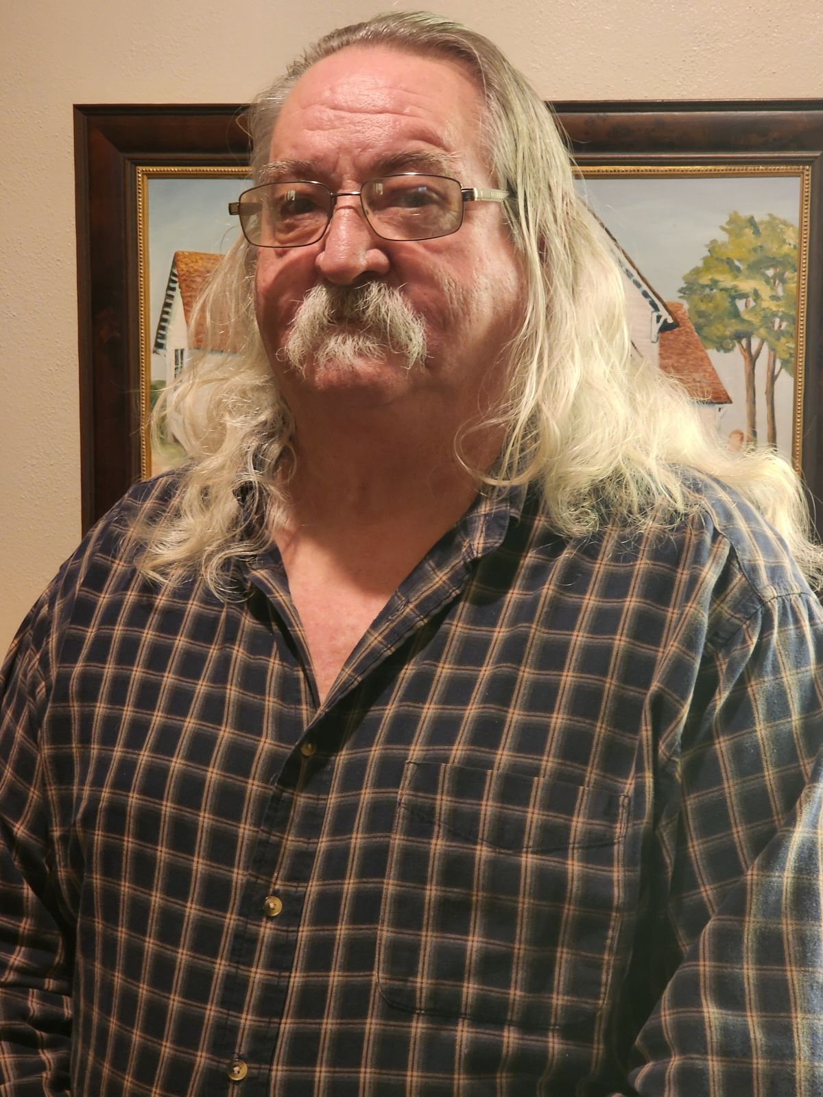 A man with long hair and a mustache is wearing glasses and a plaid shirt.