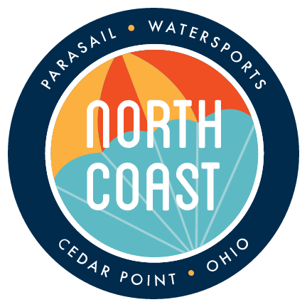 North Coast Parasail Watersports logo in blue, teal, and orange with Cedar Point, Ohio text
