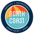 North Coast Parasail Watersports logo with blue ring, orange sun, and Cedar Point, Ohio text