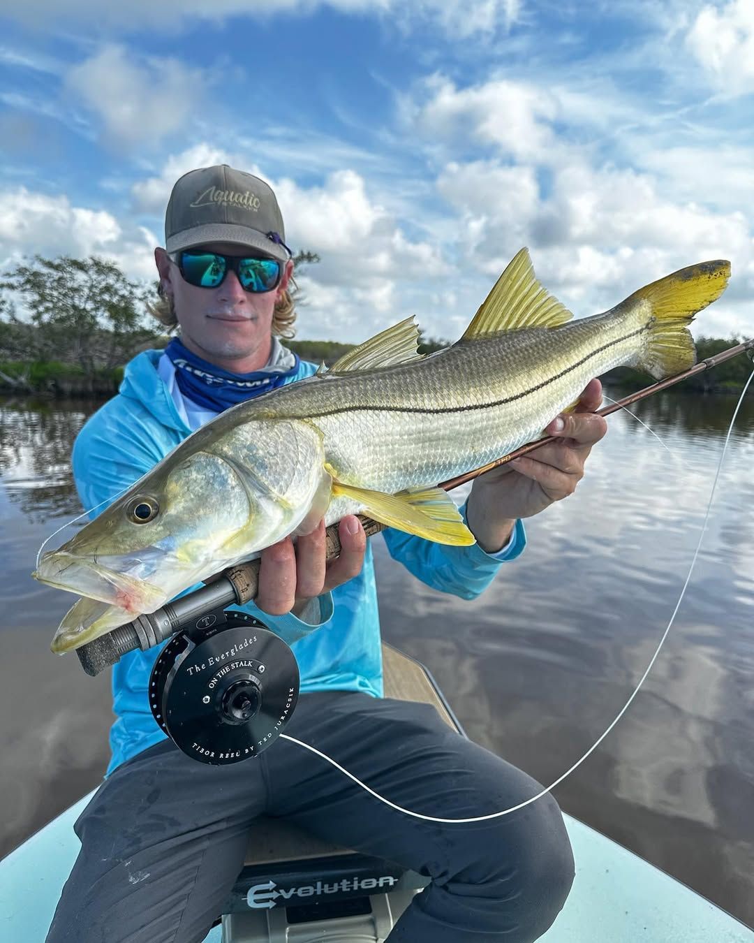 Boat floats on calm water, reflecting cloudy sky, near lush green shoreline.