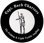 Black and white logo: Man fly fishing. Capt. Bach Charters, Fly-Fishing & Light Tackle Angling.