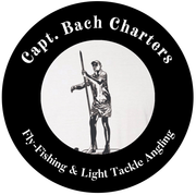 Circular logo: Man fly-fishing, 